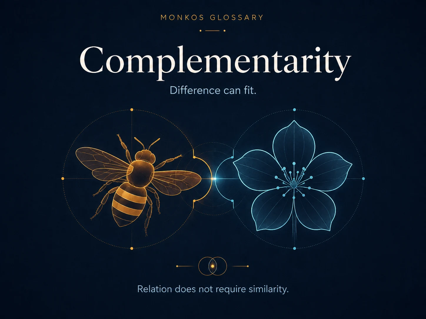 Complementarity diagram showing a bee and a flower as different forms whose relation works through fit rather than similarity.